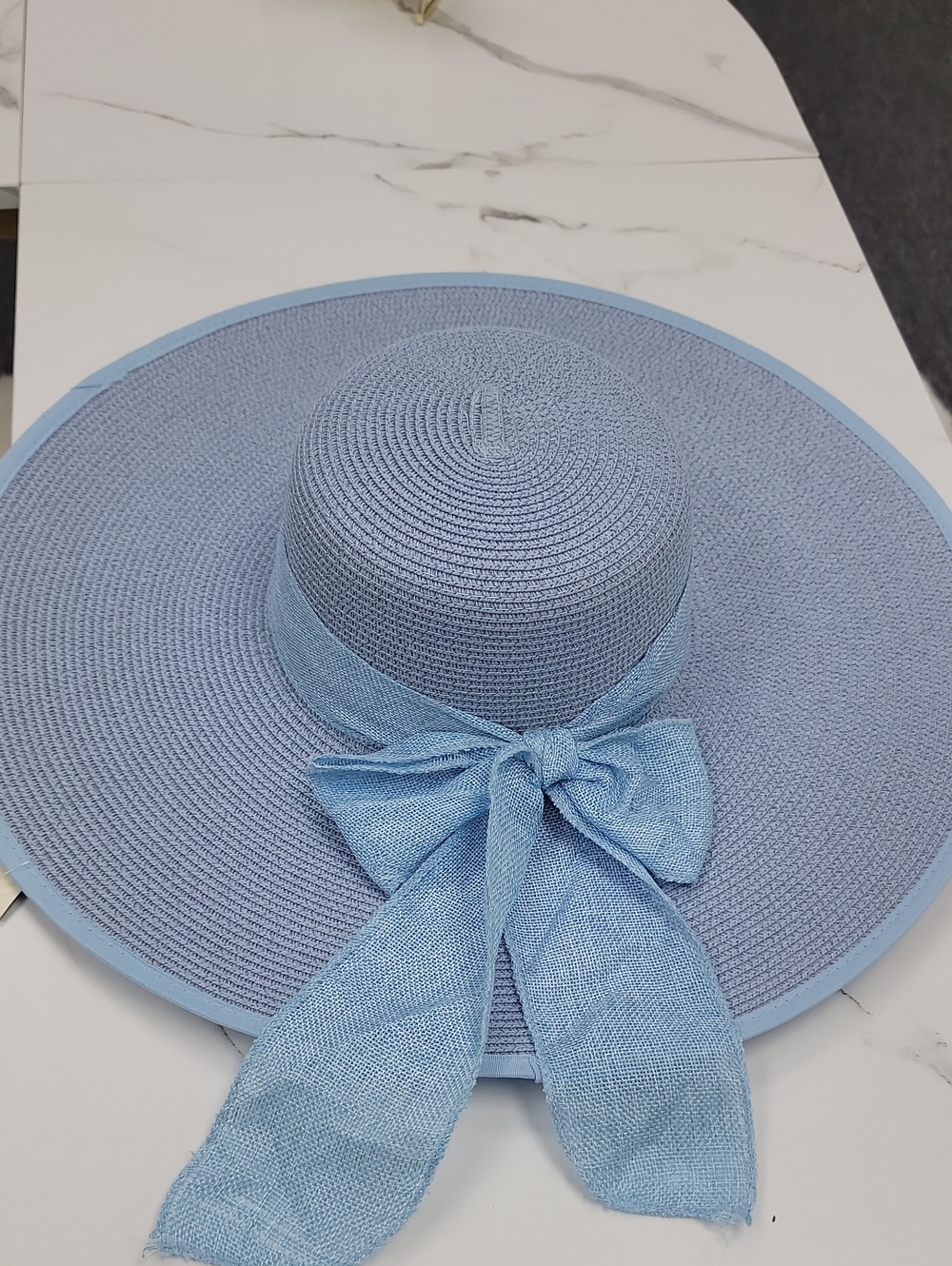Wide-Brim Light Blue Sun Hat with Ribbon Bow